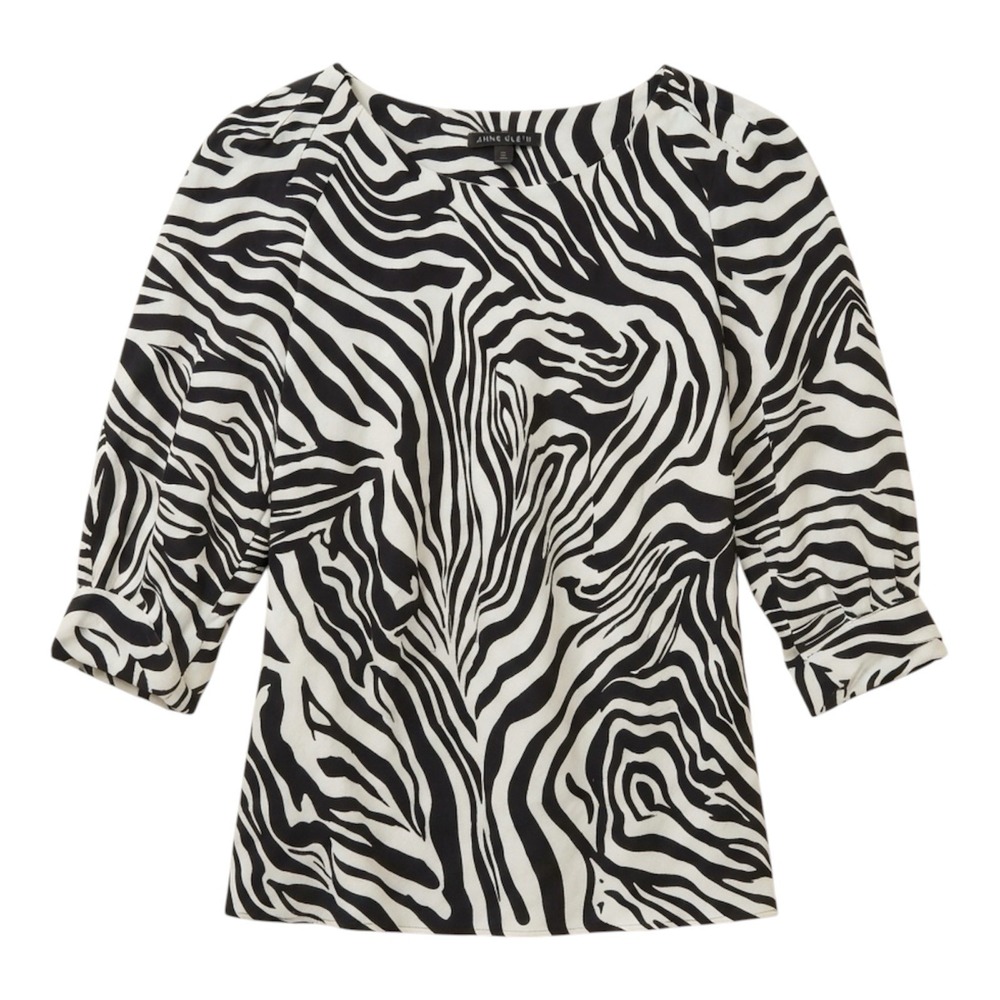 Anne Klein Women's Size Medium 3/4 Sleeve Blouse Black White Animal Zebra Print
